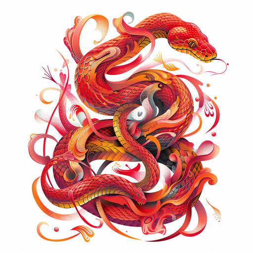 Surreal flat tattoo sketch of a red snake morphing into ribbons, vibrant reds and oranges, clipart style
