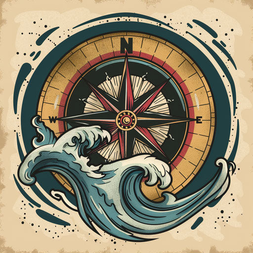 Nautical compass with waves, Sailor Jerry style