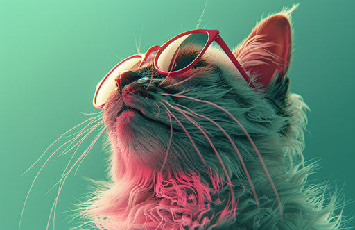 Cat with pink sunglasses on green background