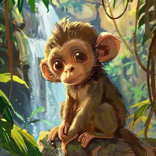 Adorable monkey with a waterfall in the background
