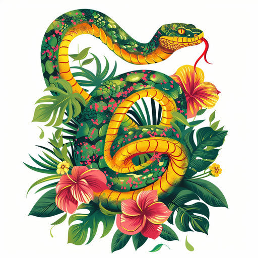 Exotic flat tattoo sketch of a tropical serpent, vibrant greens and yellows, clipart design