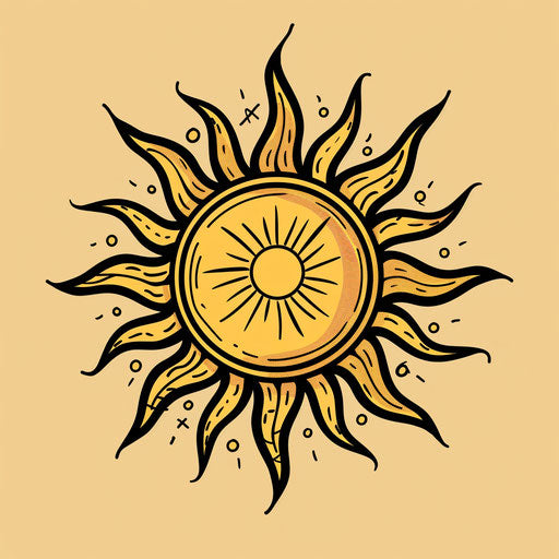 Flat style tattoo sketch of a golden sun with rays
