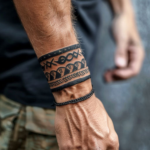 Men's wrist tattoos with tribal armbands