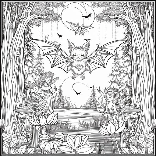 Whimsical bat playing with fairies in an enchanted forest. Coloring book page