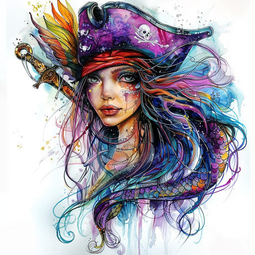 Colorful mermaid tattoo with pirate elements
