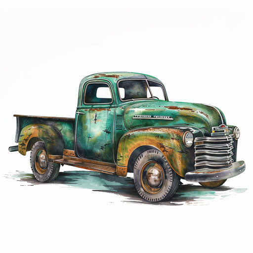 Vintage American truck tattoo, rustic and detailed in shades of green and brown on white paper.