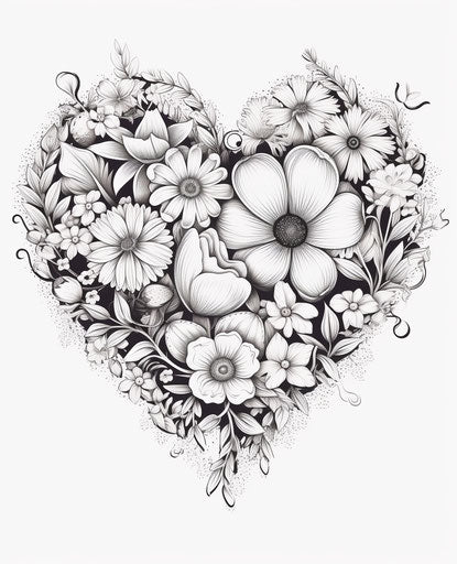 Heart of flowers in heavy ink, asymmetrical framing