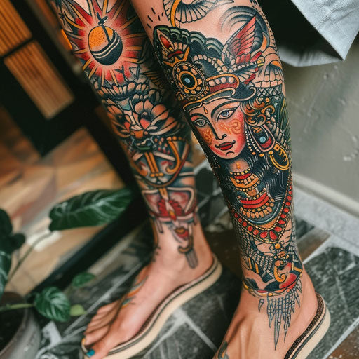 Vibrant and traditional leg sleeve tattoo