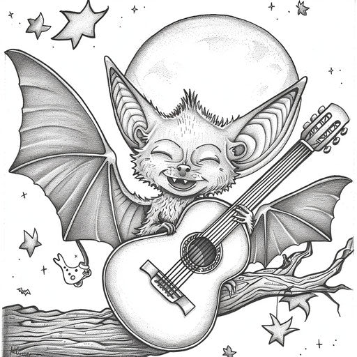 Whimsical bat playing guitar under the moonlight