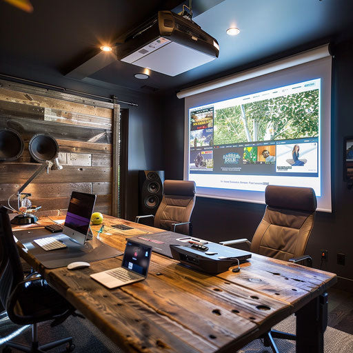 Home office with ceiling-mounted projector and screen