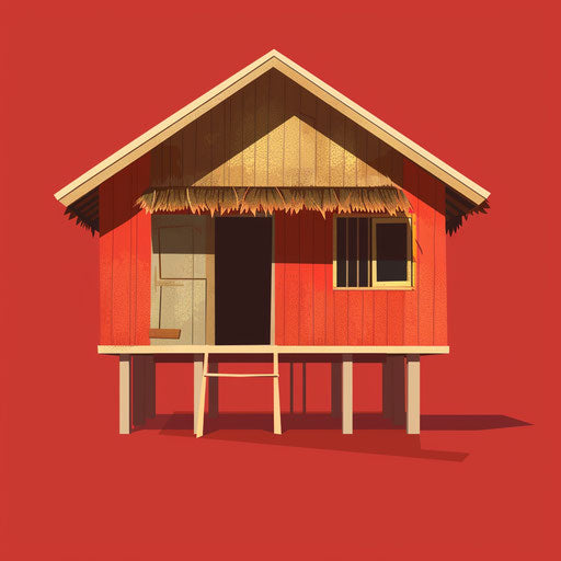 Flat maroon background with photo-realistic bahay kubo clipart, dynamic shadows and bright highlights