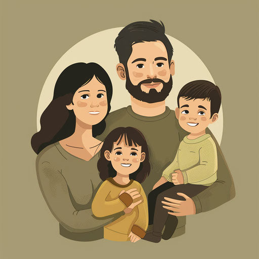 Realistic clipart of family on muted olive background