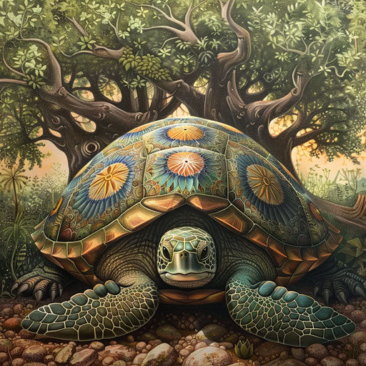 Turtle meditating under a Bodhi tree with mandala shell