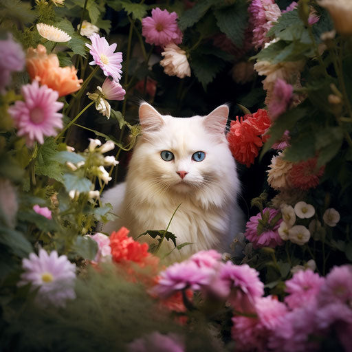 White cat in a flower bed with beautiful flowers