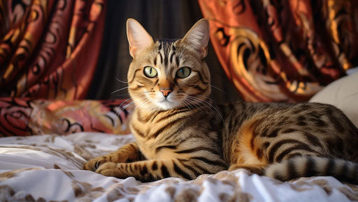 The morning cat on the bed, in the style of the Bengal school of art, explosive pigmentation 37:21