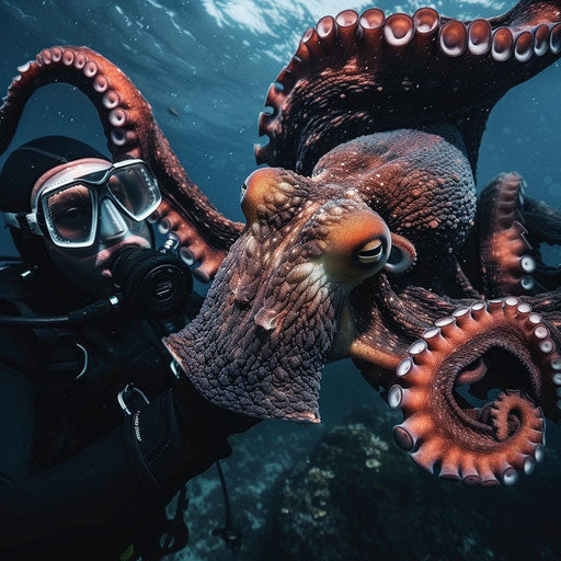 A dramatic encounter between an octopus and a diver