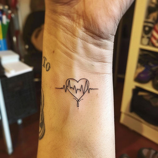 Flat tattoo sketch of a dot-style heartbeat line with a heart shape