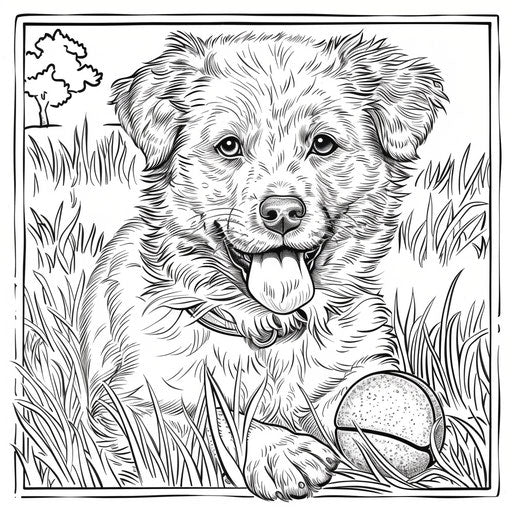 Playful puppy with a ball in a grassy yard