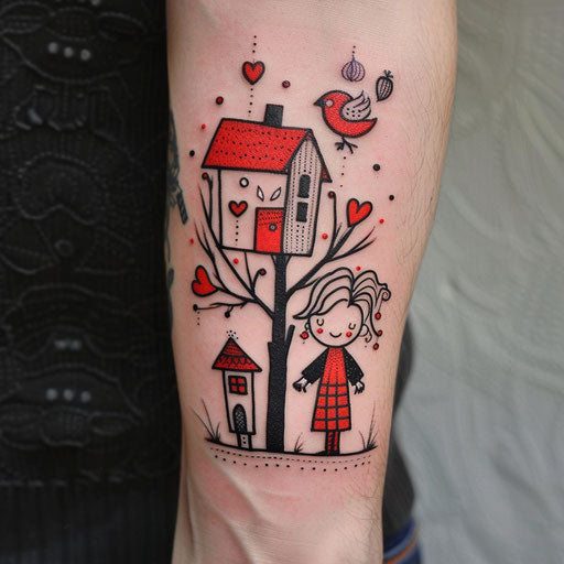 Red tattoos with whimsical themes