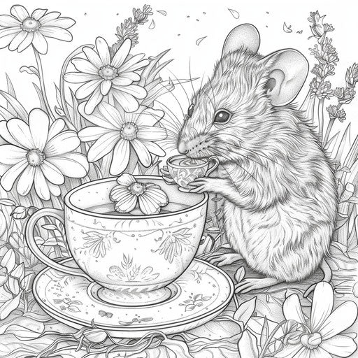 Mouse having tea in a flower cup