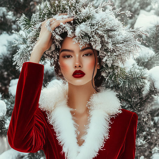 Chic red velvet dress with white fur trim