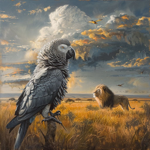 African grey parrot and majestic lion illustrating diverse wildlife of African plains