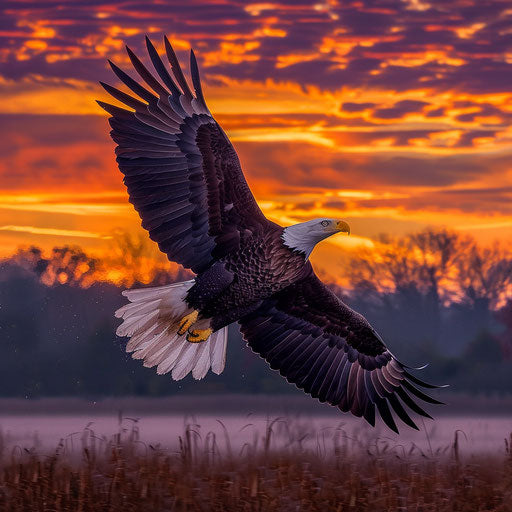 Bald eagle in flight against colorful sunrise skies