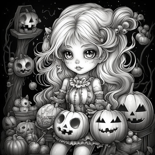 Girl with toys, Halloween cards, coloring book