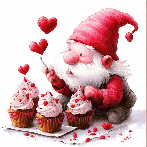 Valentine's Gnome Baking Cupcakes