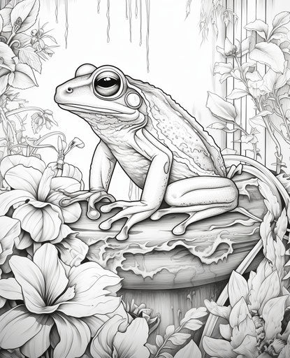 Frog in laurel setting, flawless line work style