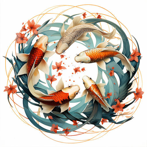 Koi fish in circle on white background, organic forms blend with geometric shapes, light brown and dark aquamarine