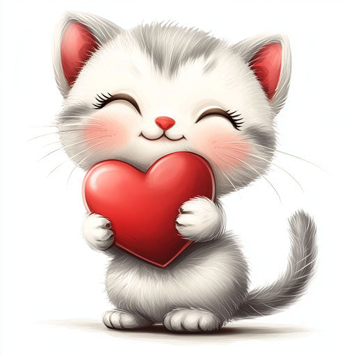 Smiling kitten holding a red heart