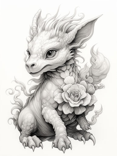 Monochromatic art print of baby dragon unicorn