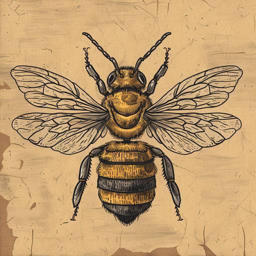 Rustic tattoo sketch of a queen bee with woodcut textures and earthy colors in a simple clipart style