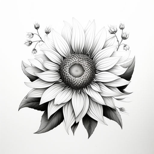 Black and white sunflower drawing, detailed floral style