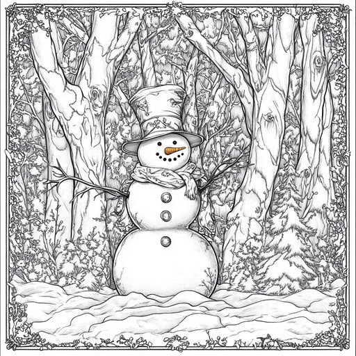 Detailed snowman in a snowy forest, coloring book page