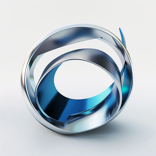 3D logo with sleek metallic elements and a modern icon, in blue and silver, on a white background