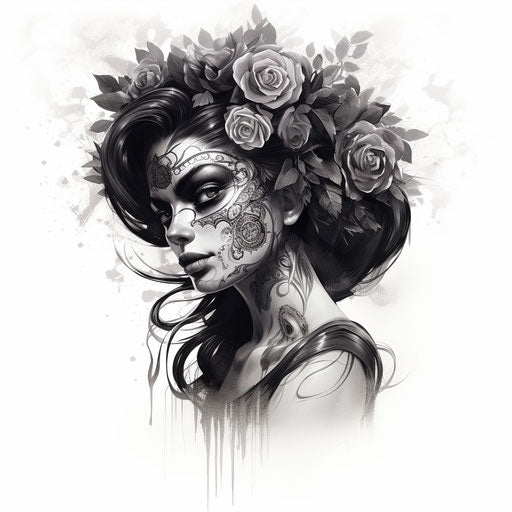 Day of the Dead tattoo: woman's head with scythe and roses