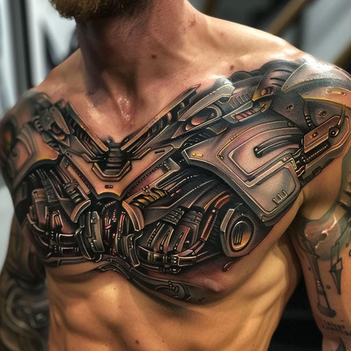 Men's chest tattoo with cybernetic elements