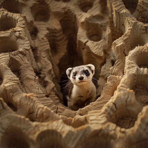 A black-footed ferret in a maze of prairie dog tunnels