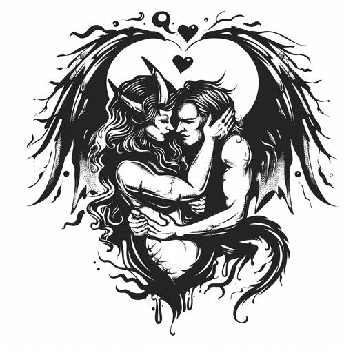 Angel and devil embracing in a flat tattoo sketch