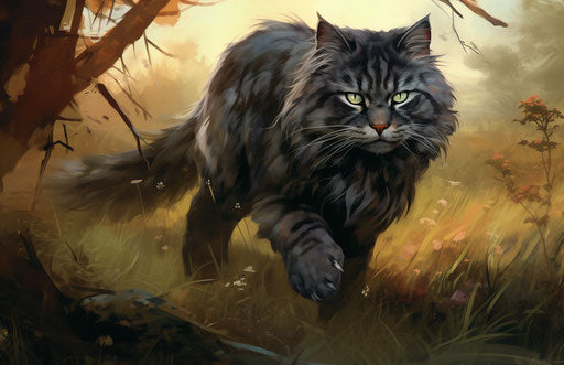 Grey cat walks near trees, dark silver and light magenta style