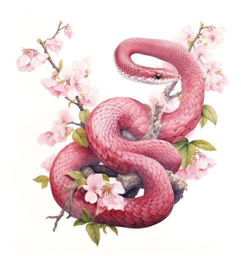 Red snake with pink blossoms and leafs, realistic watercolor
