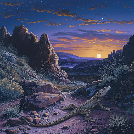 Lizard in a rocky desert at twilight