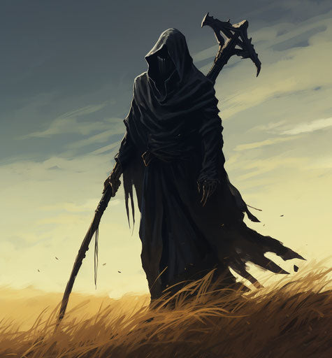 Black death with scythe, anime style, symbolic props, sleek
