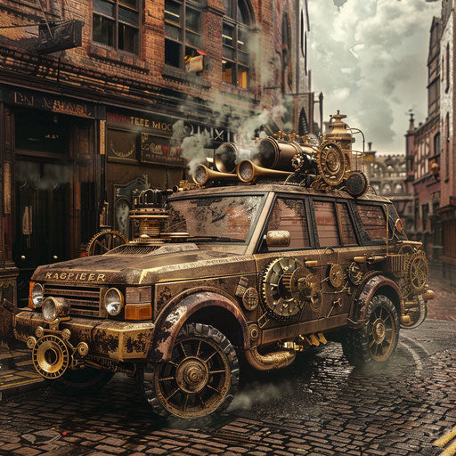 Vintage steampunk vehicle in a Victorian city