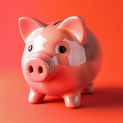 Realistic piggy bank clipart on flat, vibrant coral background