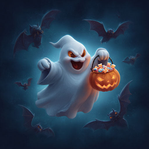 Mischievous ghost with a Halloween candy bucket