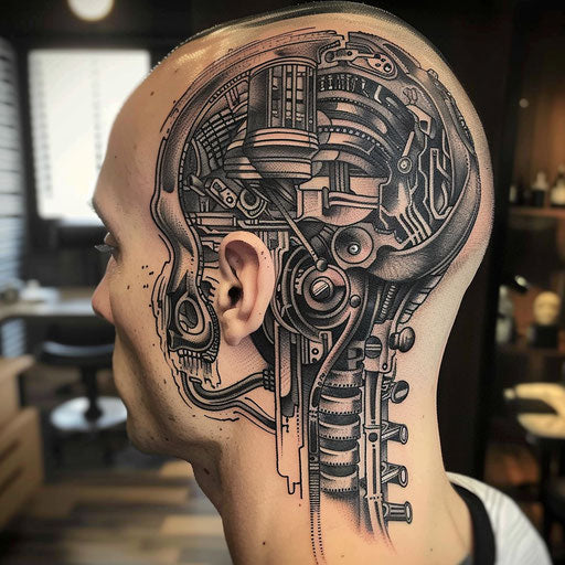 Head tattoos with mechanical elements