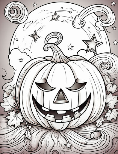 Pumpkin coloring page with moon and stars, 70mm style